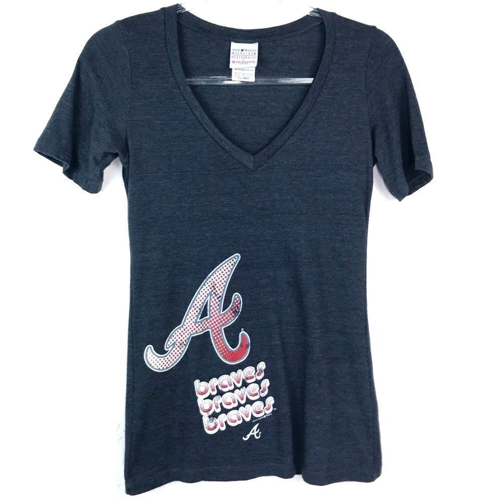 5th & Ocean Atlanta Braves Blue Logo Spell Out Short Sleeve Shirt Small